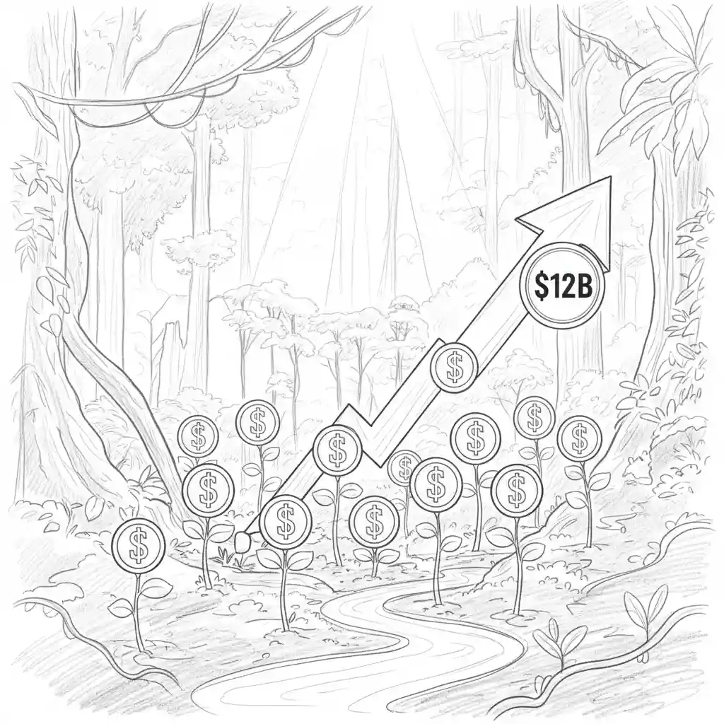 Minimal pencil sketch of 9 dollar-BEST seeds growing in Peruvian Amazon, with rising $12B badge, symbolizing fast seed hacks for jungle investment wins