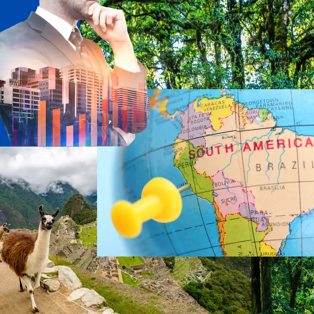 A composite image featuring a businessman with city skyline and graph overlays, a map of South America with a pin marking Peru, and a llama at Machu Picchu, symbolizing information asymmetry challenges for expats and investors in remote regions.