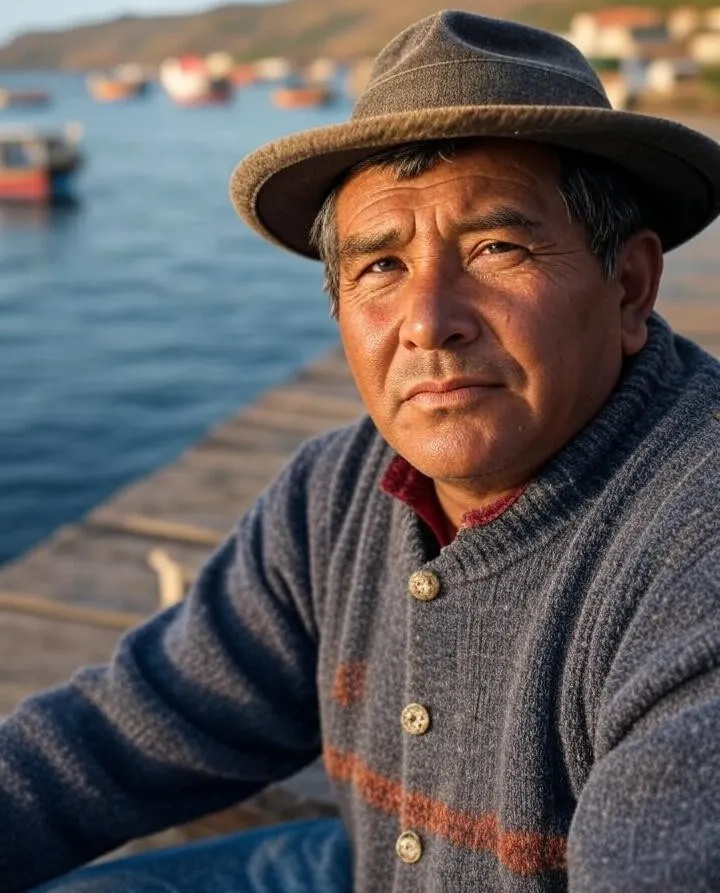 A Peruvian fisherman sitting on a dock at sunset, surrounded by fishing nets, with fishing boats in the background, symbolizing the importance of fisheries in Peru's economy.