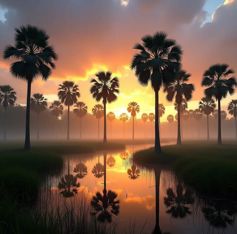 Aguaje palm peatland with mirror reflections in the Peruvian Amazon