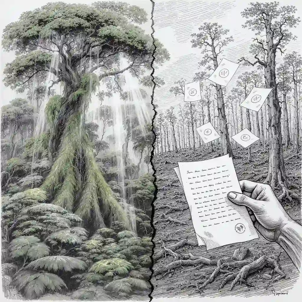 Pencil sketch showing Amazon rainforest on left side intact with tall trees and wildlife compared to deforested area on right side with tree stumps and carbon credit papers floating in air held by a hand illustrating the gap between carbon credit promises and actual forest preservation