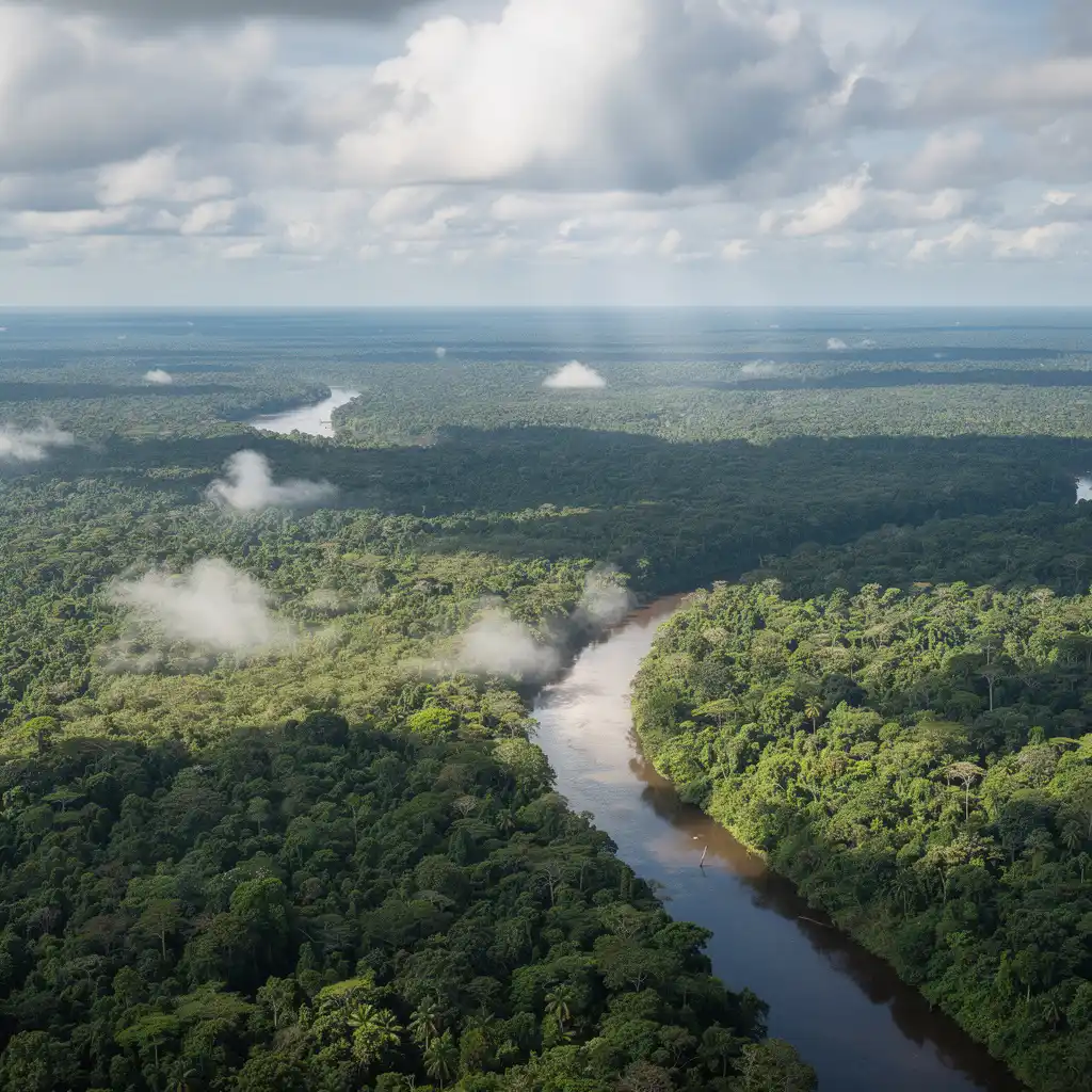 Aerial view of the Amazon rainforest showing dense green canopy stretching to the horizon with a winding river cutting through the trees, representing the vital ecosystem that regulates global climate.