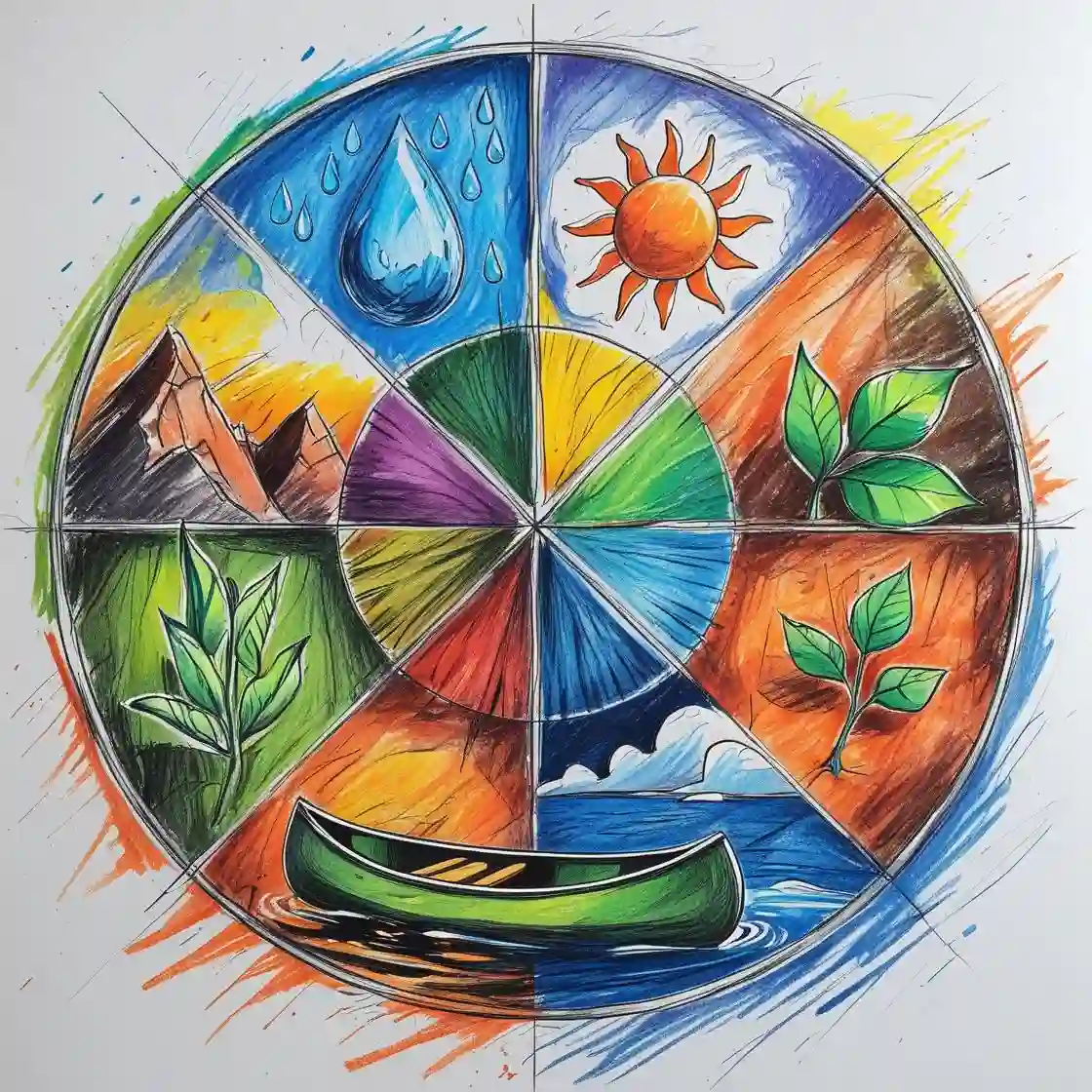 Minimal colored-pencil season wheel with rain, sun, canoe and sprout showing ayahuasca retreat seasonality and scheduling in the Amazon