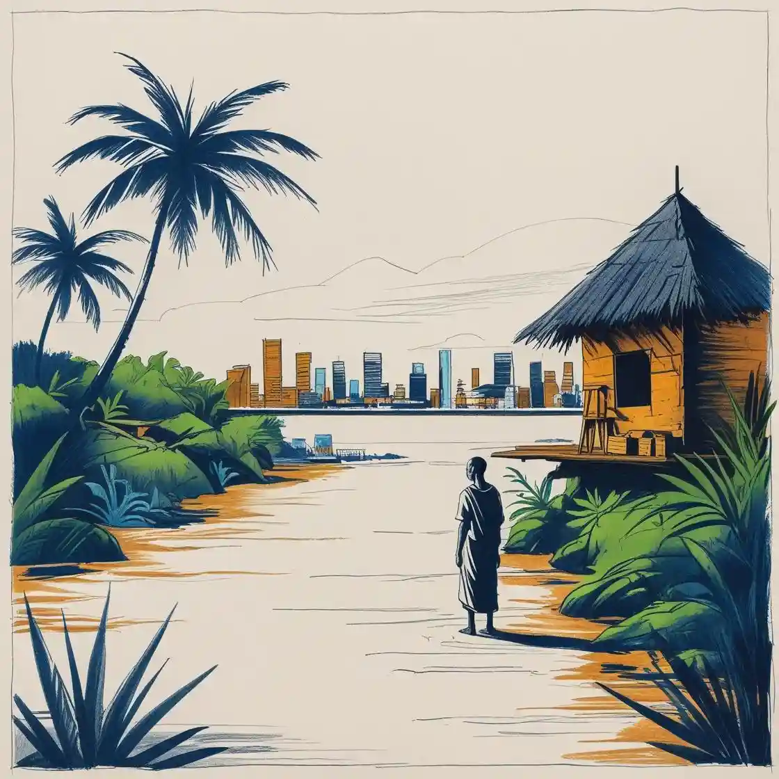Minimal colored-pencil shaman by a maloca facing a city across the river, symbolizing the ayahuasca Amazon economy bridge