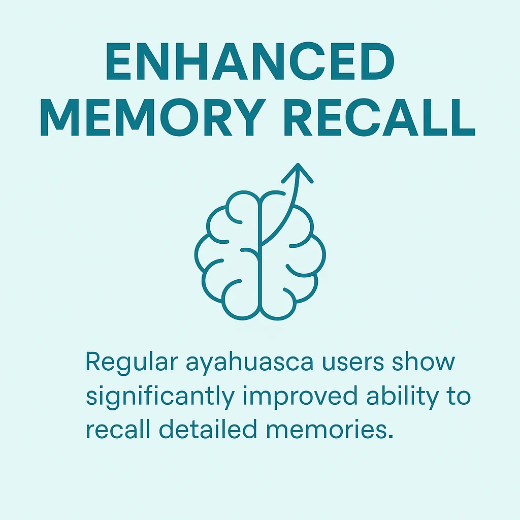 Enhanced memory recall effect of ayahuasca, minimalist infographic with brain outline and upward arrow
