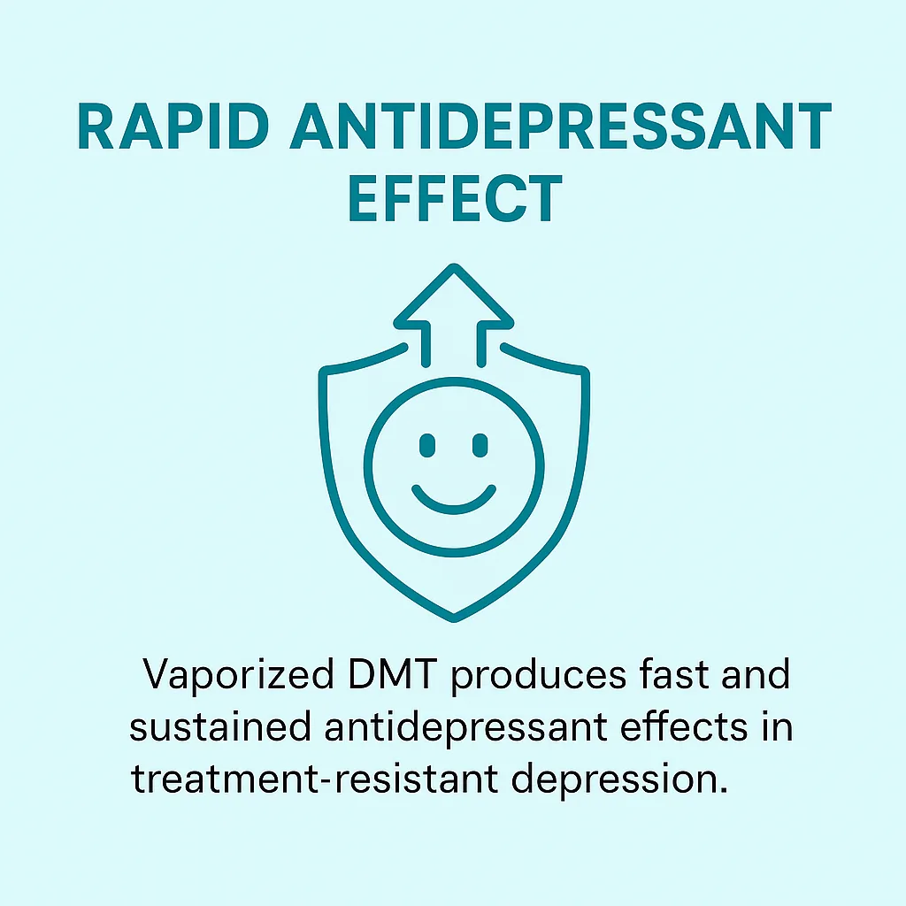 Rapid antidepressant effect of vaporized DMT, infographic with shield, smile, and upward arrow