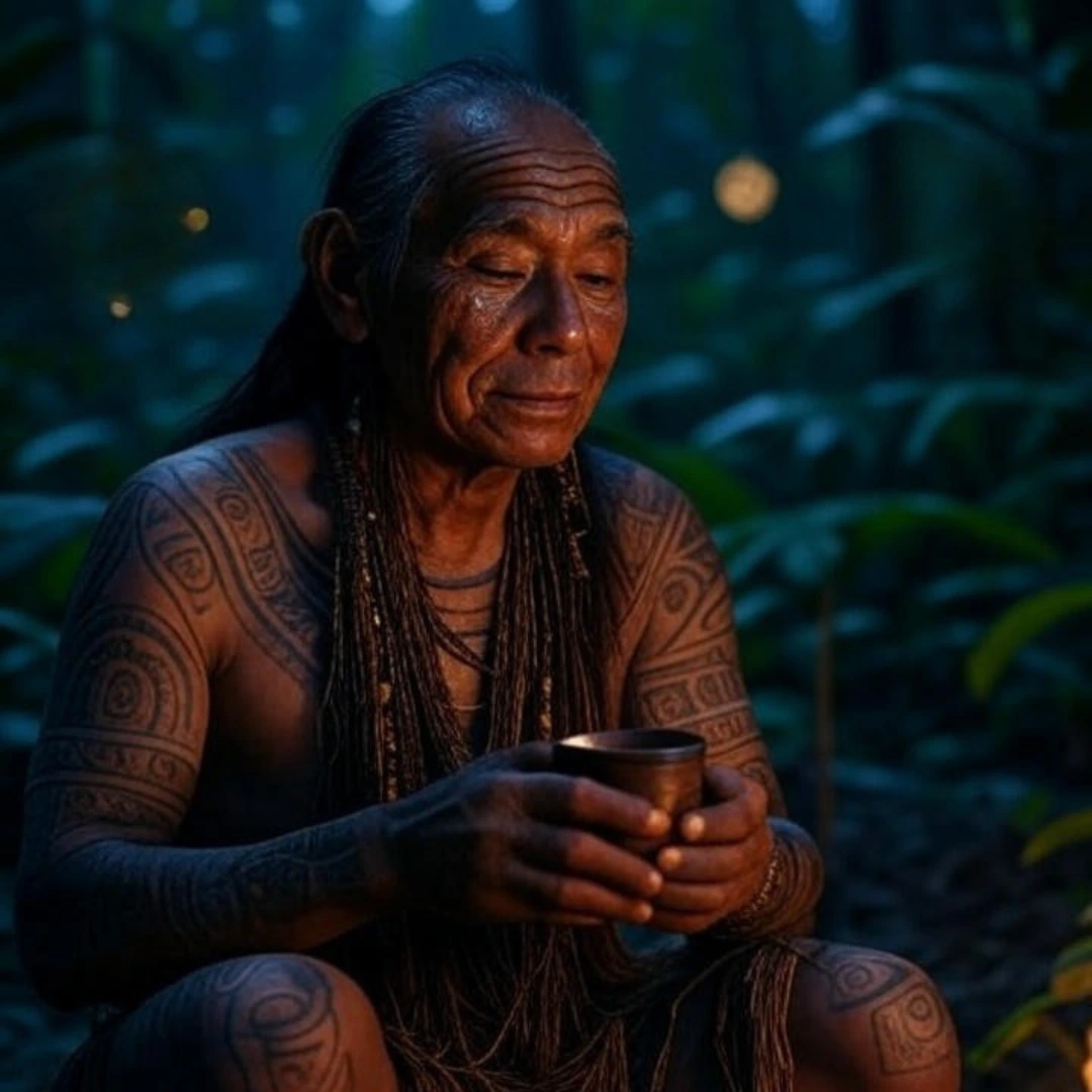 Amazonian shaman holding ayahuasca during a traditional healing ceremony Elder shaman with ceremonial tattoos prepares for an ayahuasca ritual in the Peruvian jungle. This image symbolizes spiritual depth, ancestral wisdom, and plant medicine traditions in Amazonian cultures.