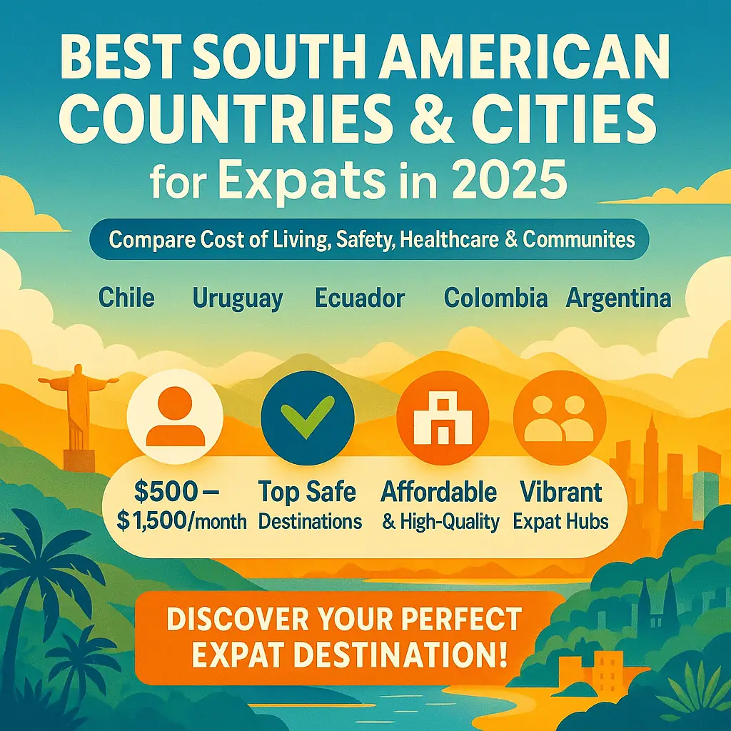 Infographic of Best South American Countries and Cities for Expats 2025, comparing cost of living, safety, healthcare, and expat communities in Chile, Uruguay, Ecuador, Colombia, and Argentina.