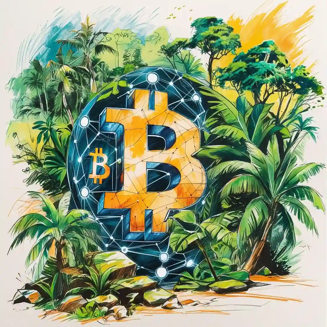 Bitcoin symbol with a blockchain network set in the Amazon rainforest, illustrating blockchain tools for conservation, transparency, and anti-deforestation funding