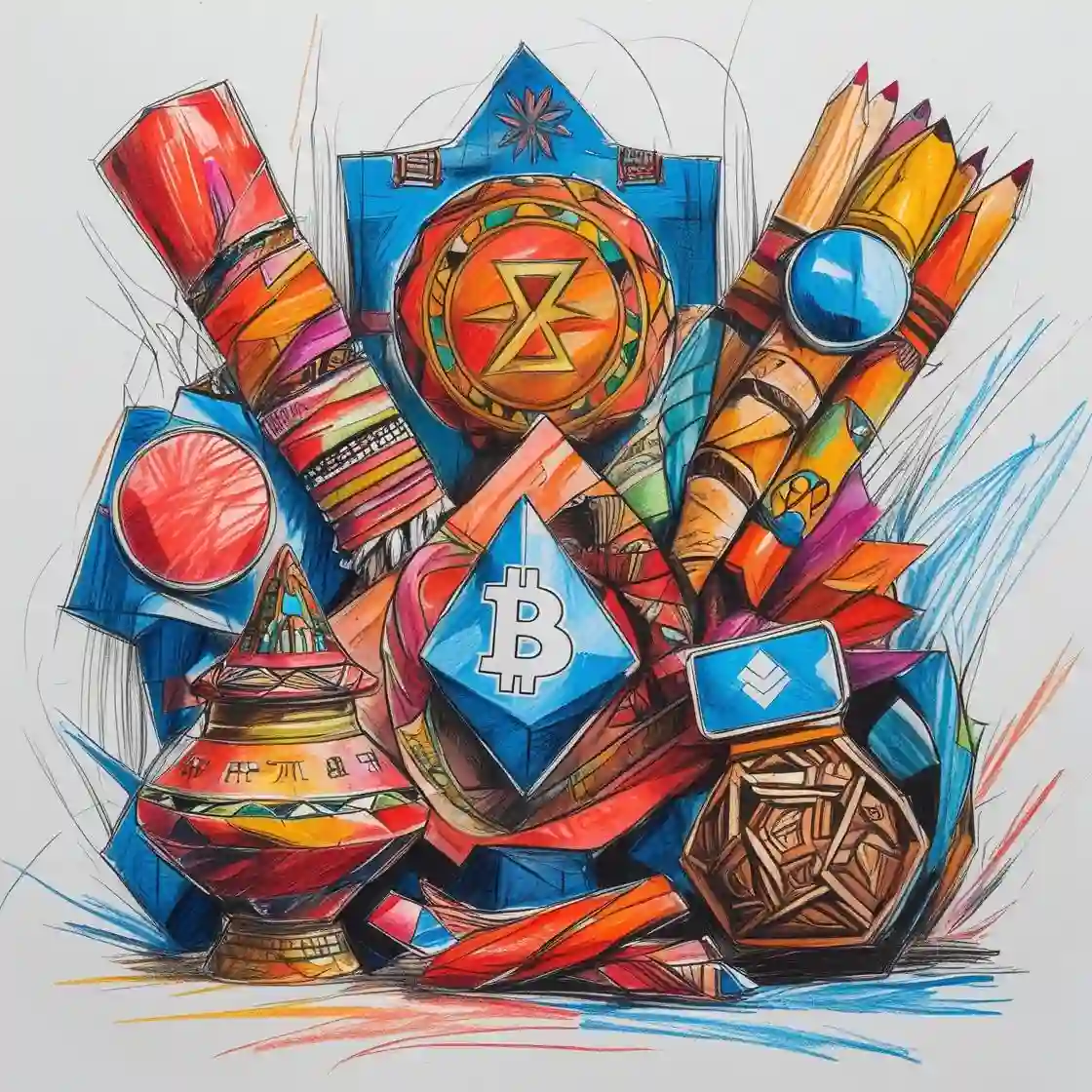 Colorful Andean-inspired artifacts alongside crypto symbols, illustrating blockchain use for cultural heritage preservation, provenance tracking, and fair royalties in Latin America