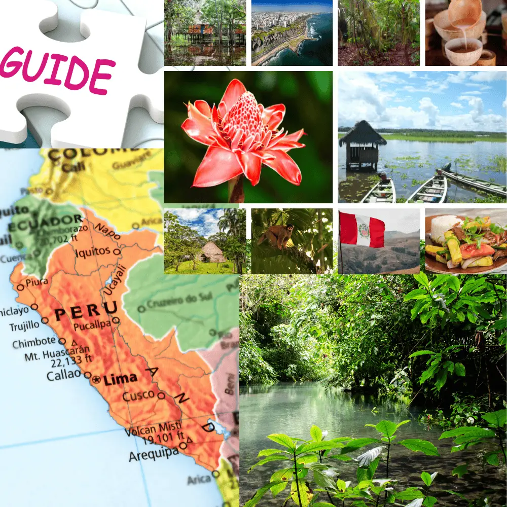 Visual guide to buying land in Peru for foreigners showing Peruvian jungle, Amazon river, map, food, and nature