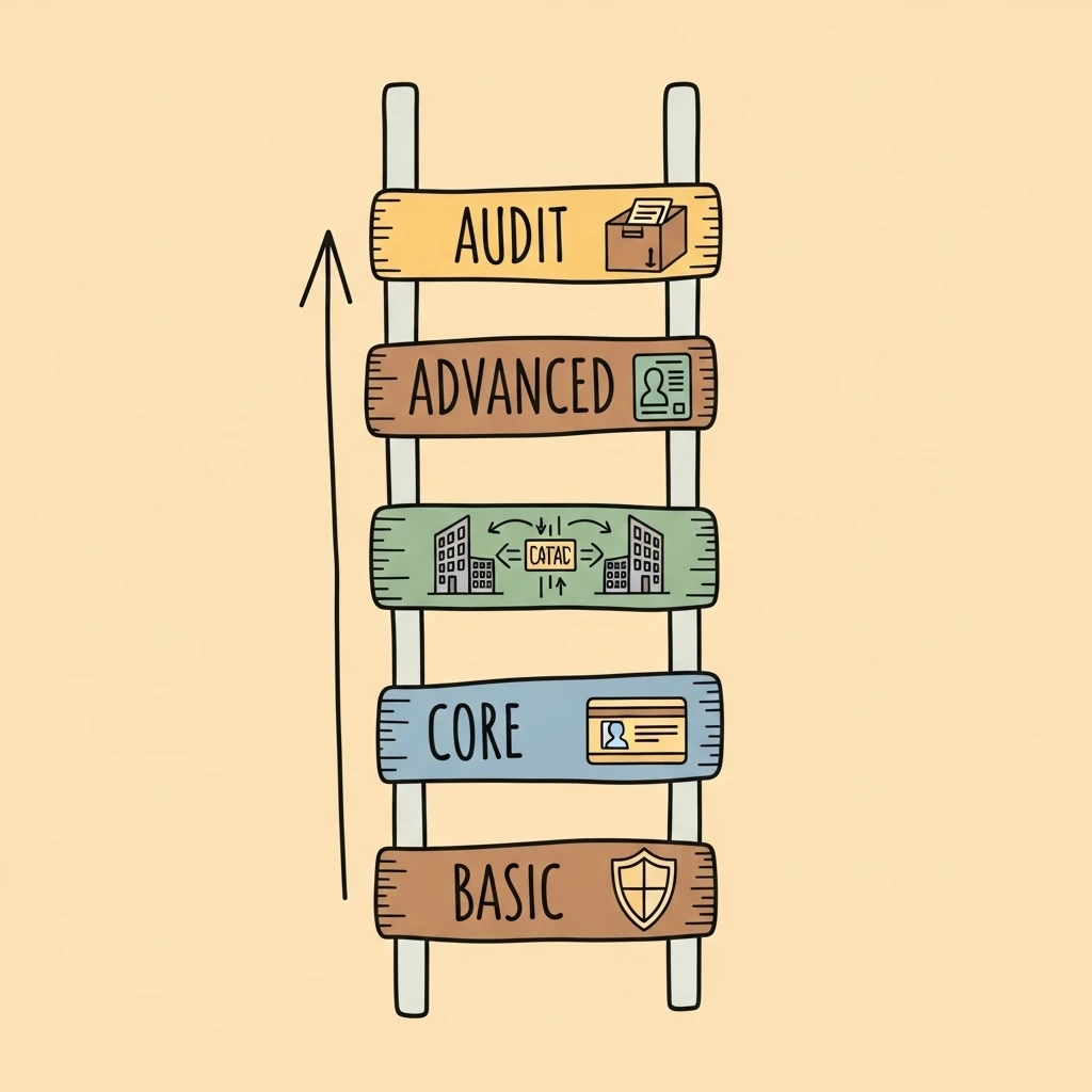 Hand-drawn four-step maturity ladder from Basic to Audit for VASP compliance