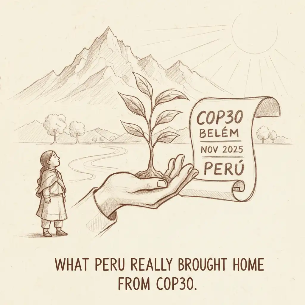 COP30 in Belém Brazil November 2025 document surrounded by intact Amazon rainforest at golden sunset, symbolizing the real impact of Paquete País Perú climate funding for the Peruvian Amazon.