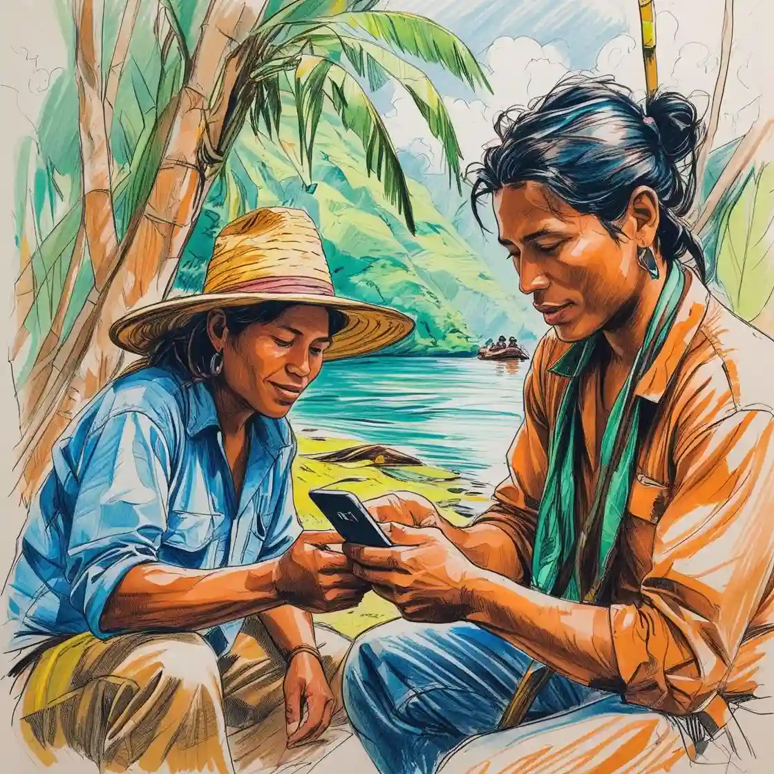 Two community members by an Amazon river in Peru using a smartphone, illustrating stablecoin remittances, low-fee cross-border payments, and digital inclusion