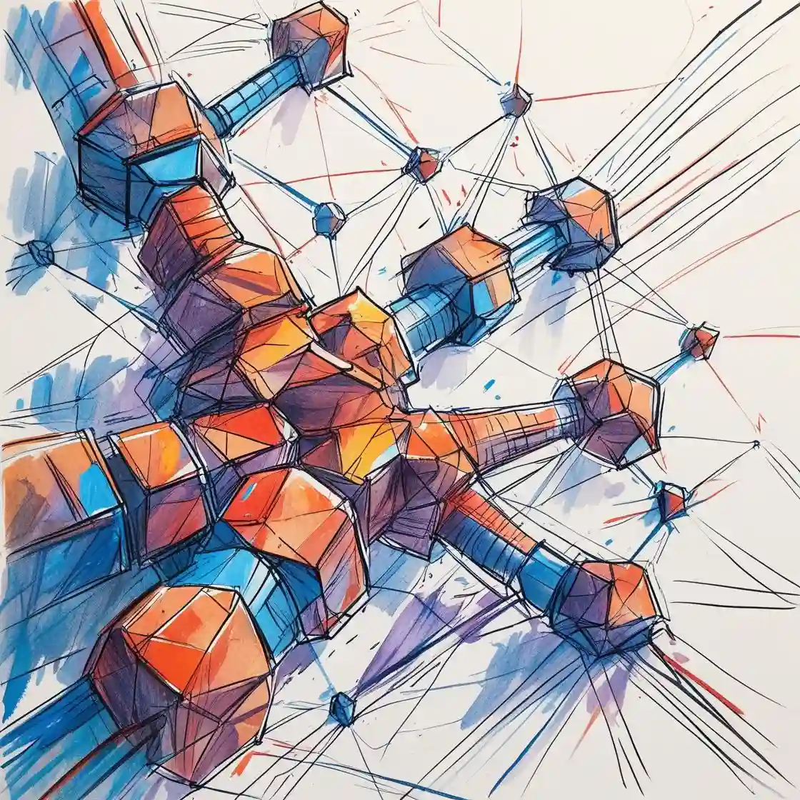 Abstract geometric network of connected nodes, symbolizing a decentralized blockchain architecture with smart contracts, interoperability, and scalability