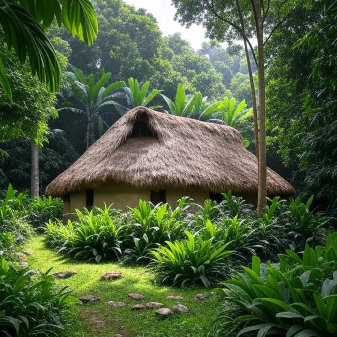 Eco-friendly jungle house in Peru built with natural materials and surrounded by tropical vegetation This traditional-style home combines natural construction methods with modern comfort and is ideal for off-grid living, retreats, or sustainable jungle lifestyle.