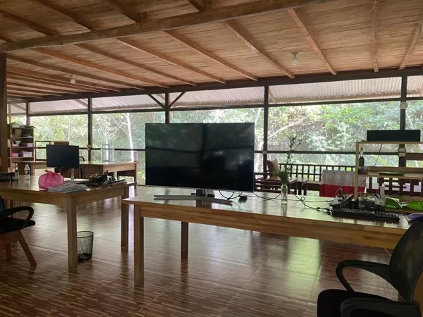 Digital nomad workspace in a jungle coworking lodge in the Amazon rainforest of Peru, with