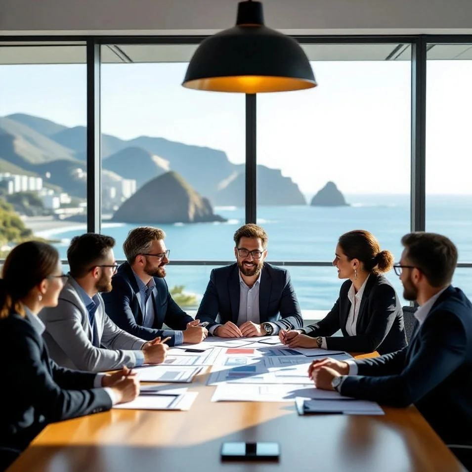 Geschäftsleute bei der strategischen Planung einer Investition in Peru, mit Blick auf die Küste von Lima.