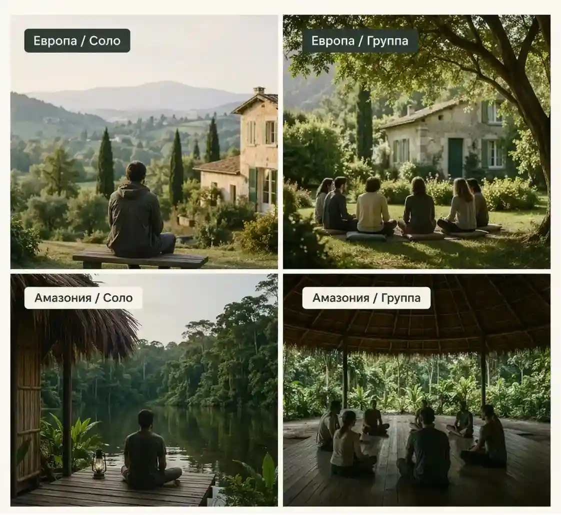 Ретрит с аяуаской: одиночный формат или группа, Европа или Южная Америка, с визуальным сравнением уединённого ретрита и групповой церемонии на фоне европейского и амазонского пейзажа