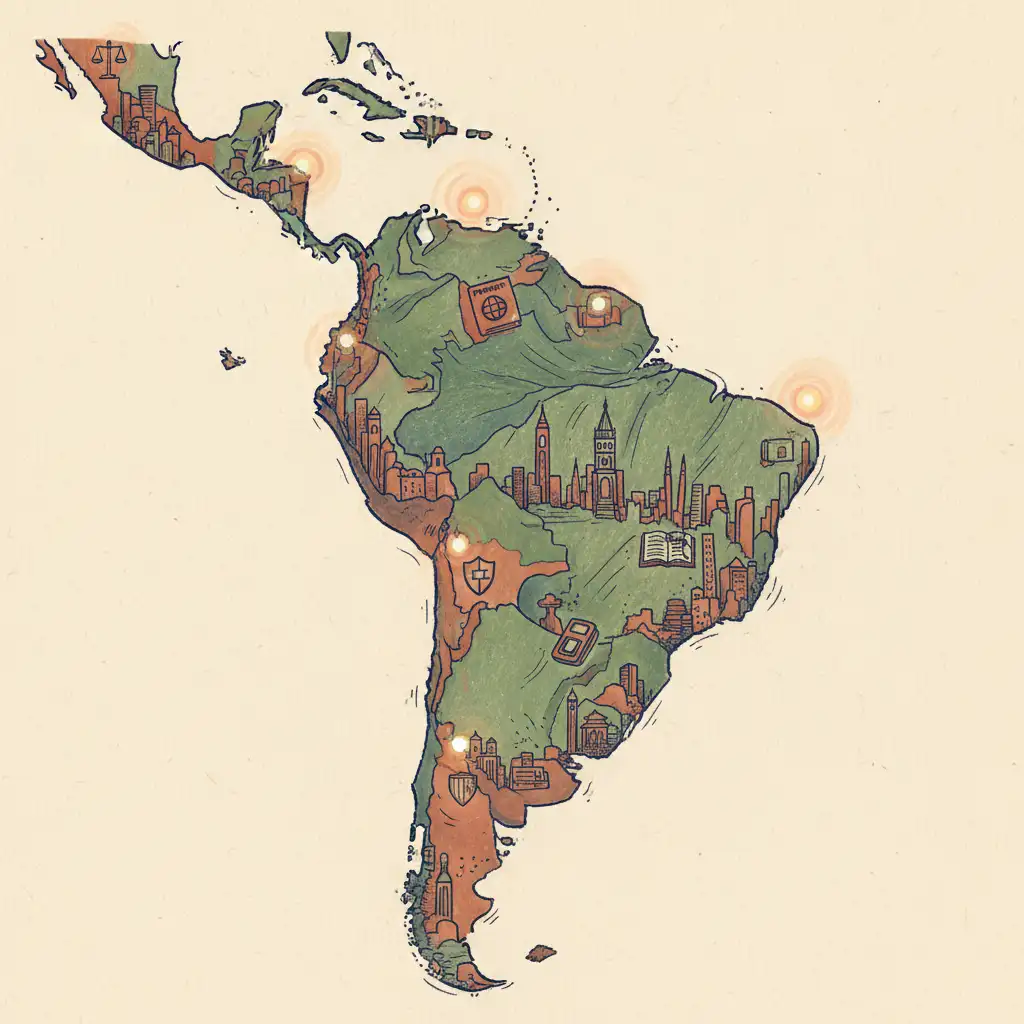 Hand-drawn panorama of Latin America with subtle legal and finance symbols marking key countries.