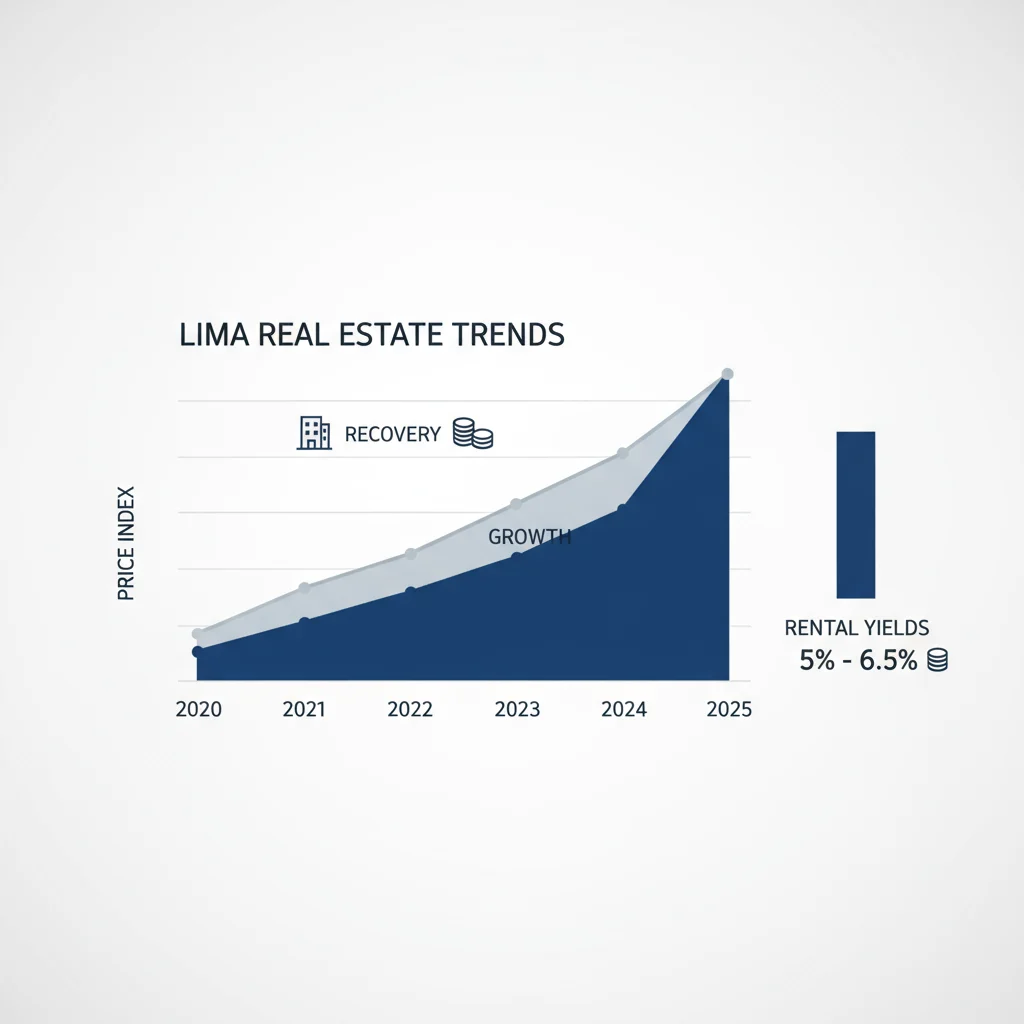 Infographic showing Lima real estate growth 2020 to 2025 with rising price trend and rental yields