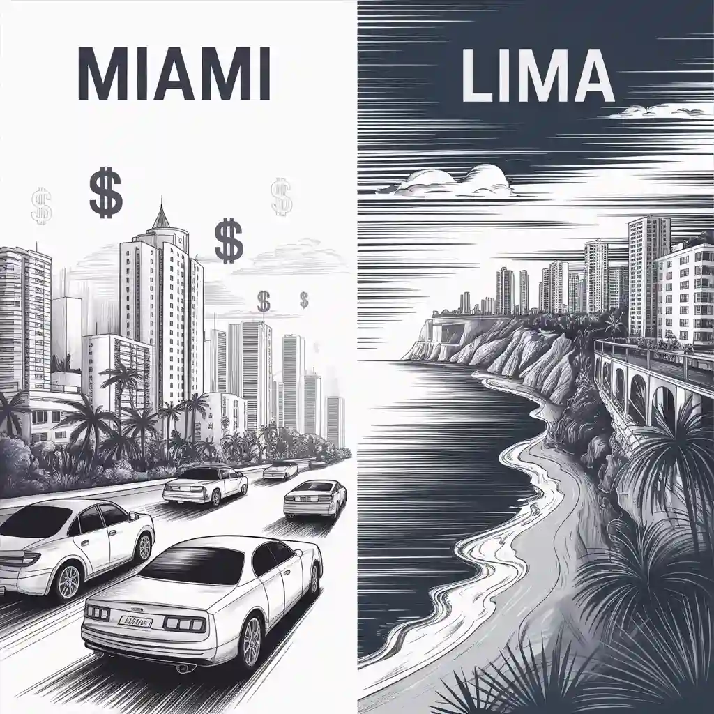 sketch showing contrast between Lima’s affordable lifestyle and Miami’s expensive cityscape