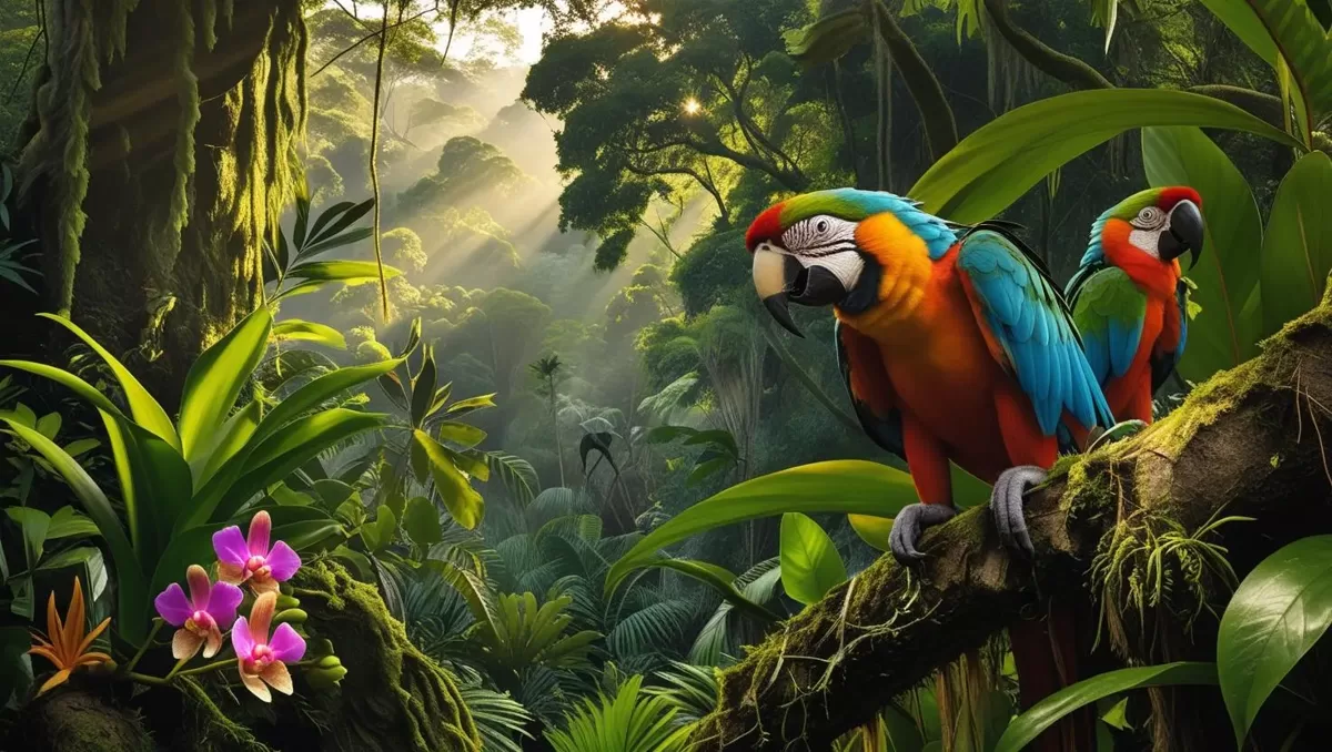 Macaws in the Peruvian Amazon rainforest, morning sun rays, orchids, dense greenery, Amazon biodiversity