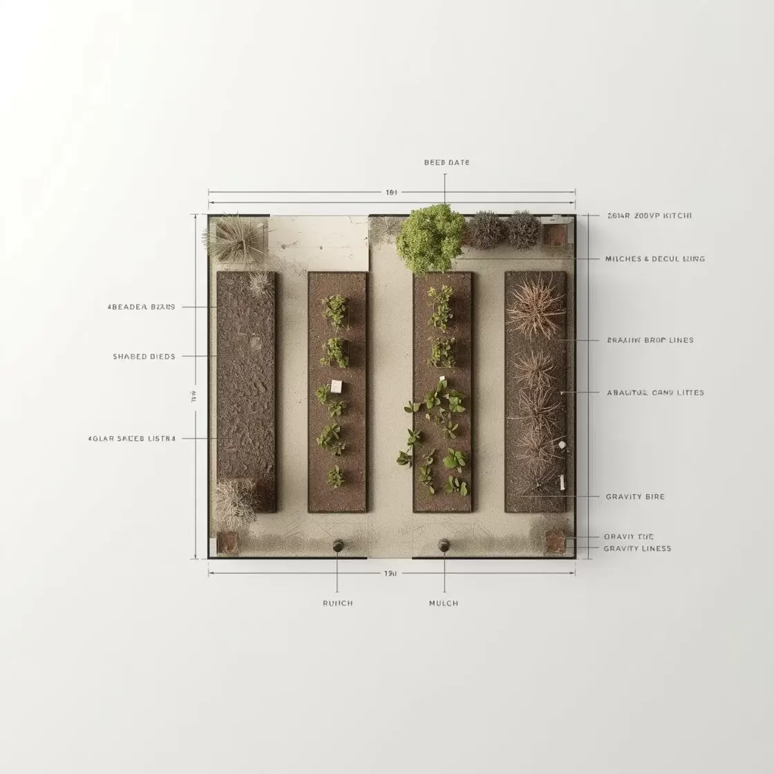 Peruvian Amazon food forest kitchen garden 100 square meter module with shaded beds mulch and gravity drip lines