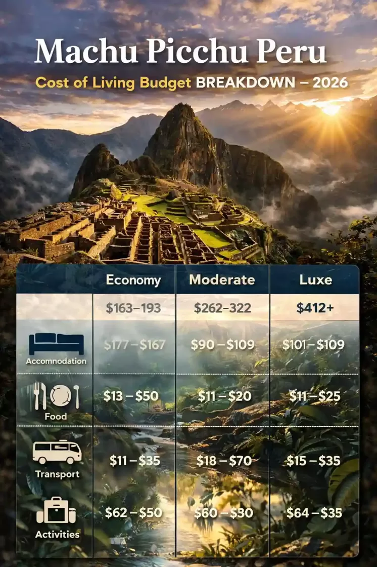 Infographic-style image of Machu Picchu at sunrise in Peru, with golden sunlight over the mountain ruins and a budget breakdown table for 2026 showing per-person cost ranges for Economy ($163–193), Moderate ($262–322), and Luxe ($412+).