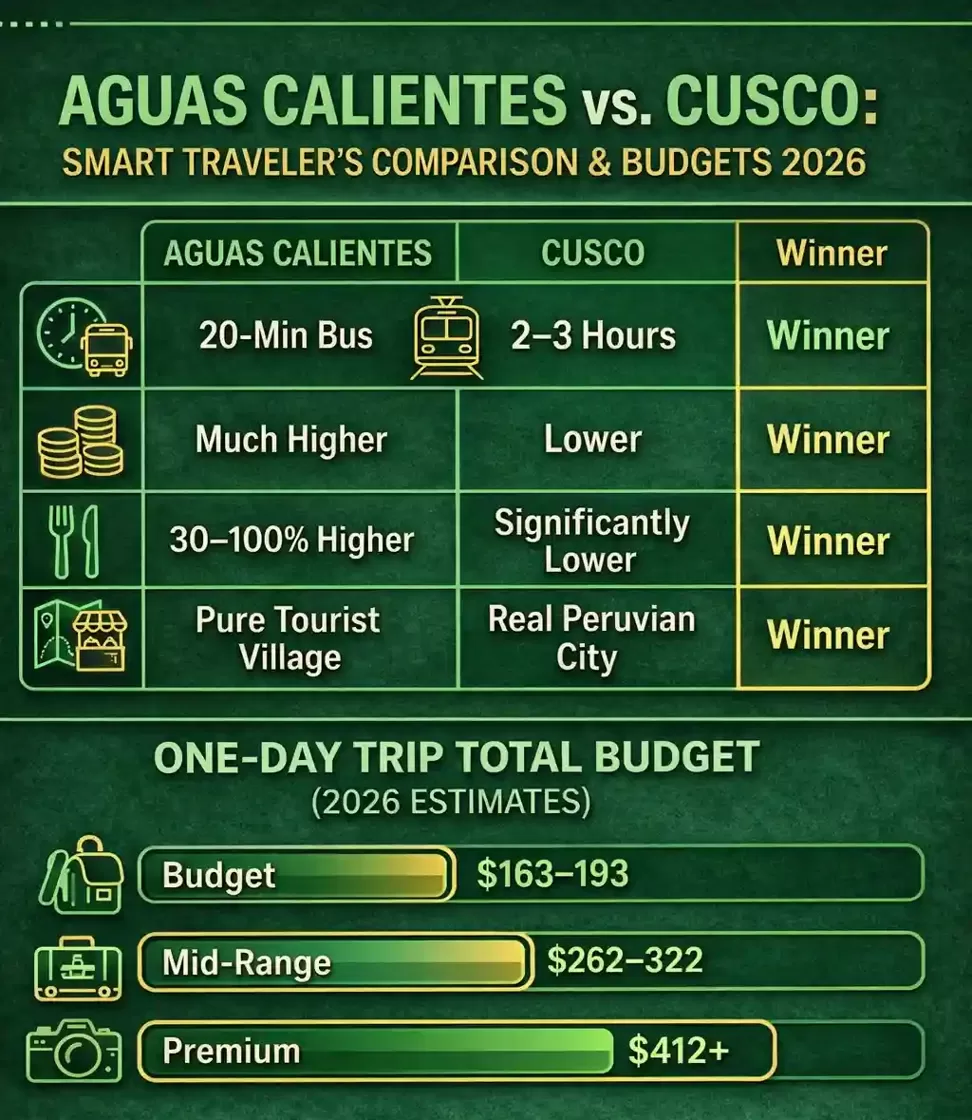 infographic titled 'AGUAS CALIENTES vs. CUSCO: SMART TRAVELER'S COMPARISON & BUDGETS 2026'. The top half features a comparison table with icons: 'Proximity to Ruins', 'Accom Cost', 'Food Cost', 'Vibe', with a 'Winner' column indicating Cusco for most financial factors. The bottom half, 'ONE-DAY TRIP TOTAL BUDGET (2026 ESTIMATES)', presents horizontal bars with icons and prices: 'Budget: $163–193', 'Mid-Range: $262–322', 'Premium: $412+'. The style is modern digital with a consistent color palette of teals and golds.