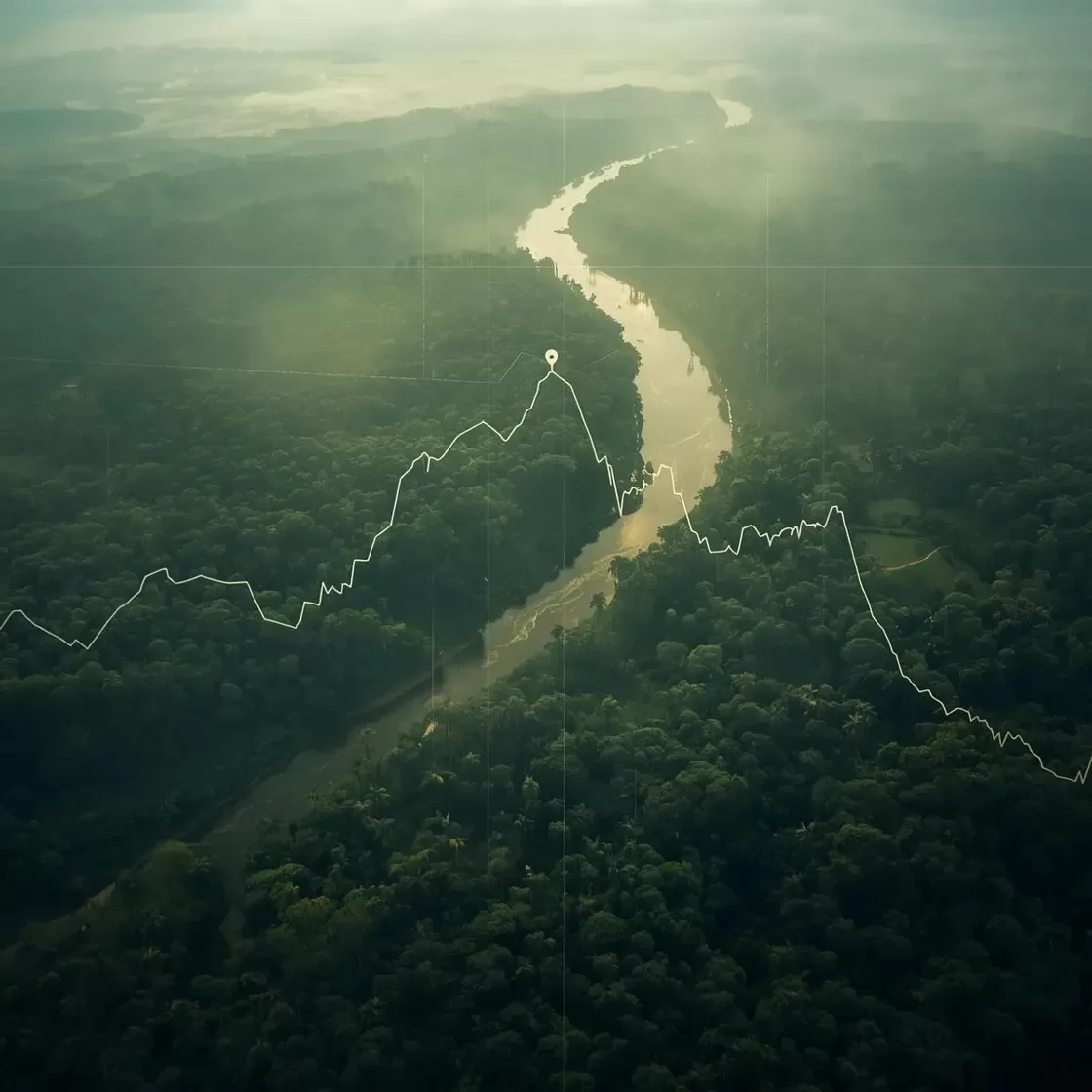 Aerial view of the Amazon rainforest in Peru with a winding river and faint financial overlay representing low-risk sustainable carbon investments and Article 6 cooperation.