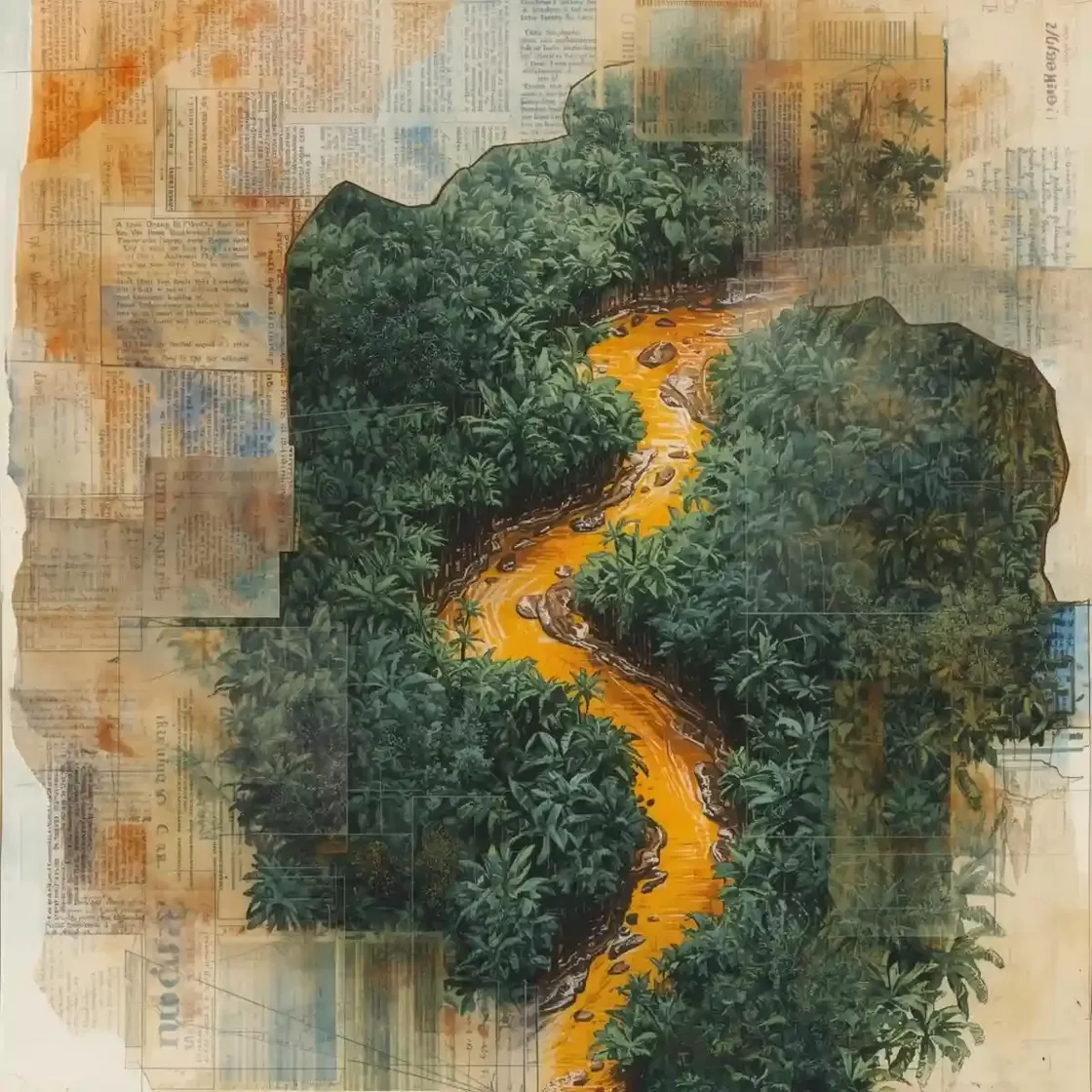 Aerial view of the Peruvian Amazon rainforest at sunrise with a golden river and digital overlay representing carbon credit investments and environmental integrity.