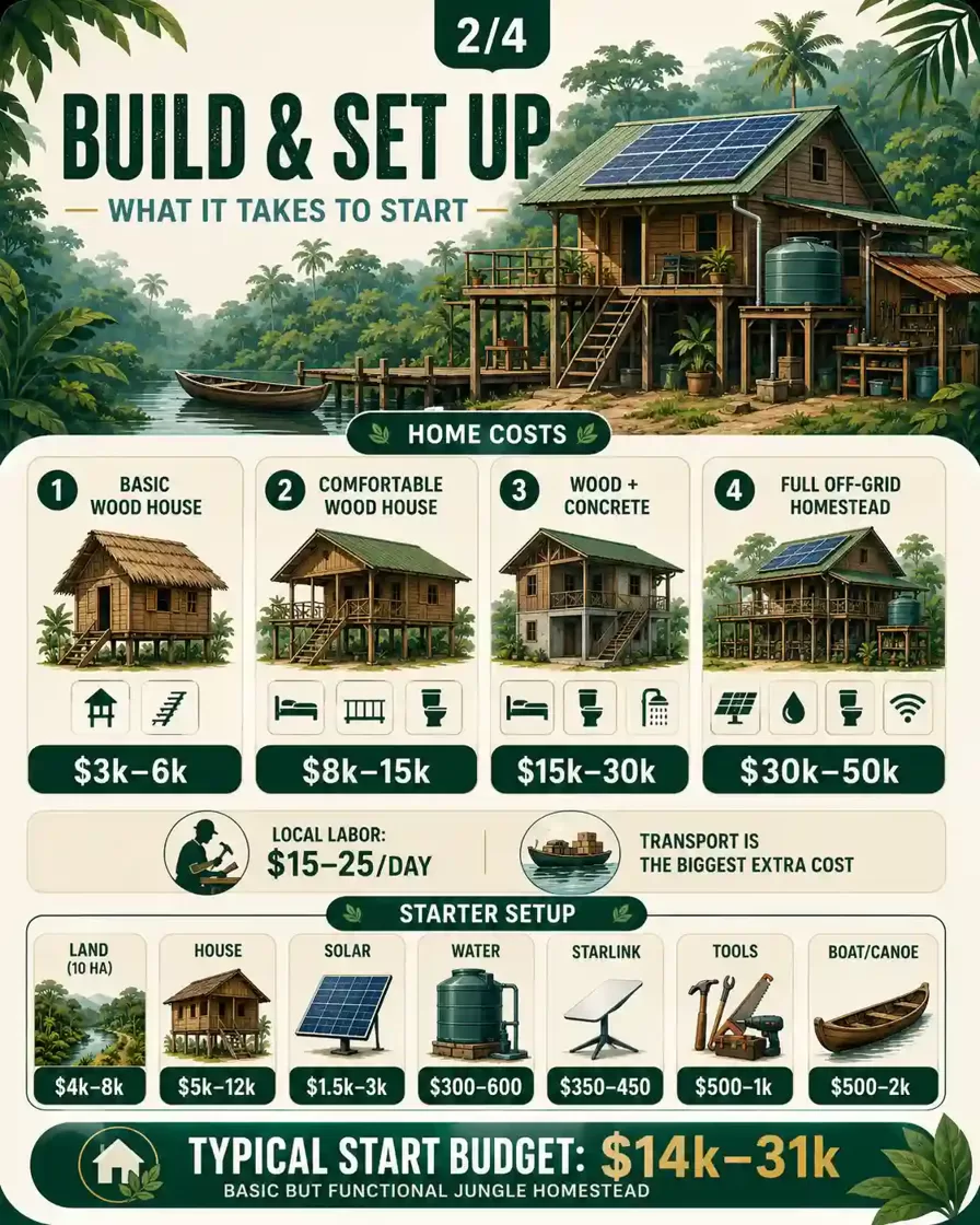 Infographic showing the cost to build and set up a basic off-grid jungle homestead in the Peruvian Amazon, including house, solar, water, tools, and boat.