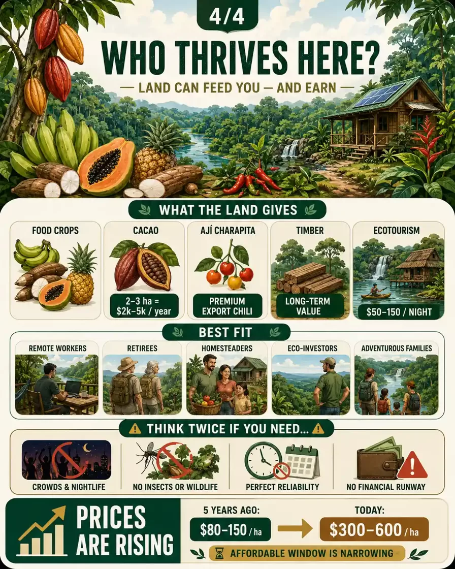 Infographic showing who thrives in the Peruvian Amazon, what the land can produce, income options from cacao, ecotourism, timber, and rising land prices.