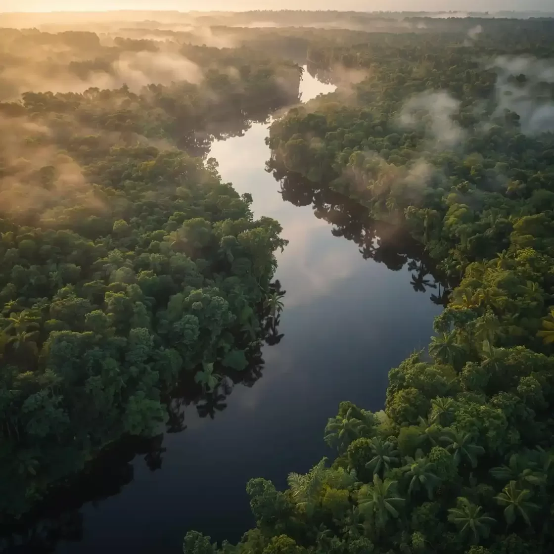 Aerial view of an Amazon blackwater river curving through intact rainforest with a small hidden canopy platform, capturing the shift toward nature backed trophy assets.