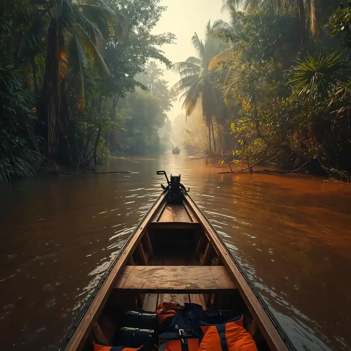 Narrow wooden boat with a quiet eco-friendly motor and life jackets onboard, navigating a calm Amazon tributary at golden hour with reflections on the water