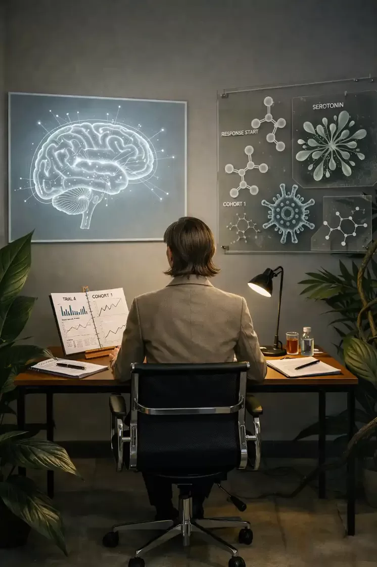 Editorial illustration for an article on ayahuasca clinical trials and depression, showing a research desk, brain science motifs, and Amazonian plant elements in a calm, modern setting.