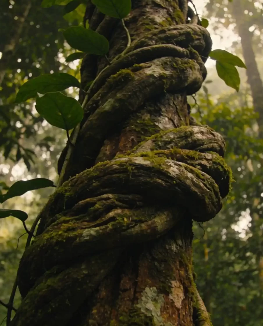 Лиана Banisteriopsis caapi, обвивающая ствол дерева в густых джунглях Амазонки.