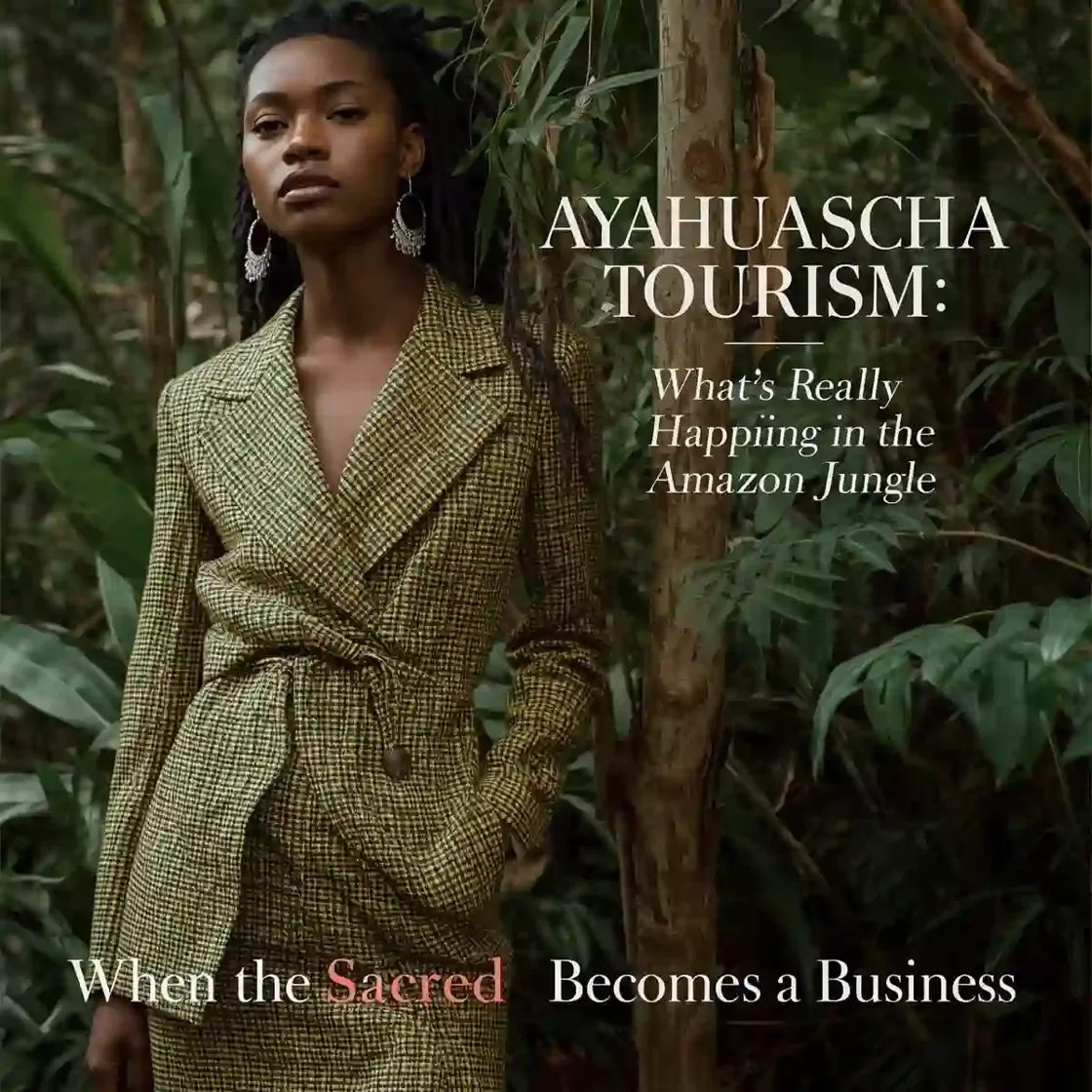 Обложка статьи о туризме, связанном с айяуаской в Амазонии, с изображением женщины в джунглях.