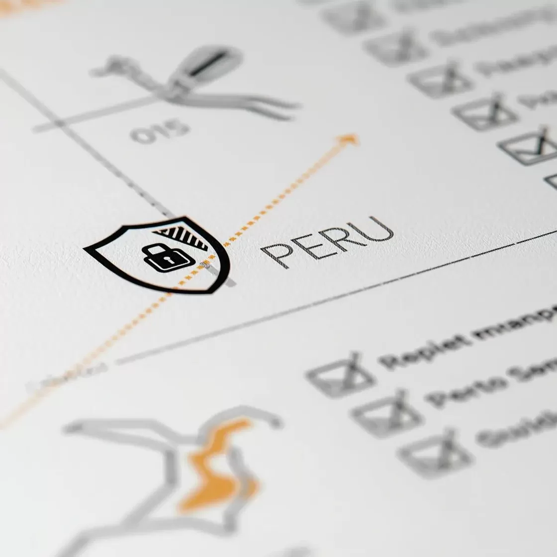 Щит и чек-лист на фоне контура Перу - нейтральная инфографика для темы безопасности ретрита аяуаски