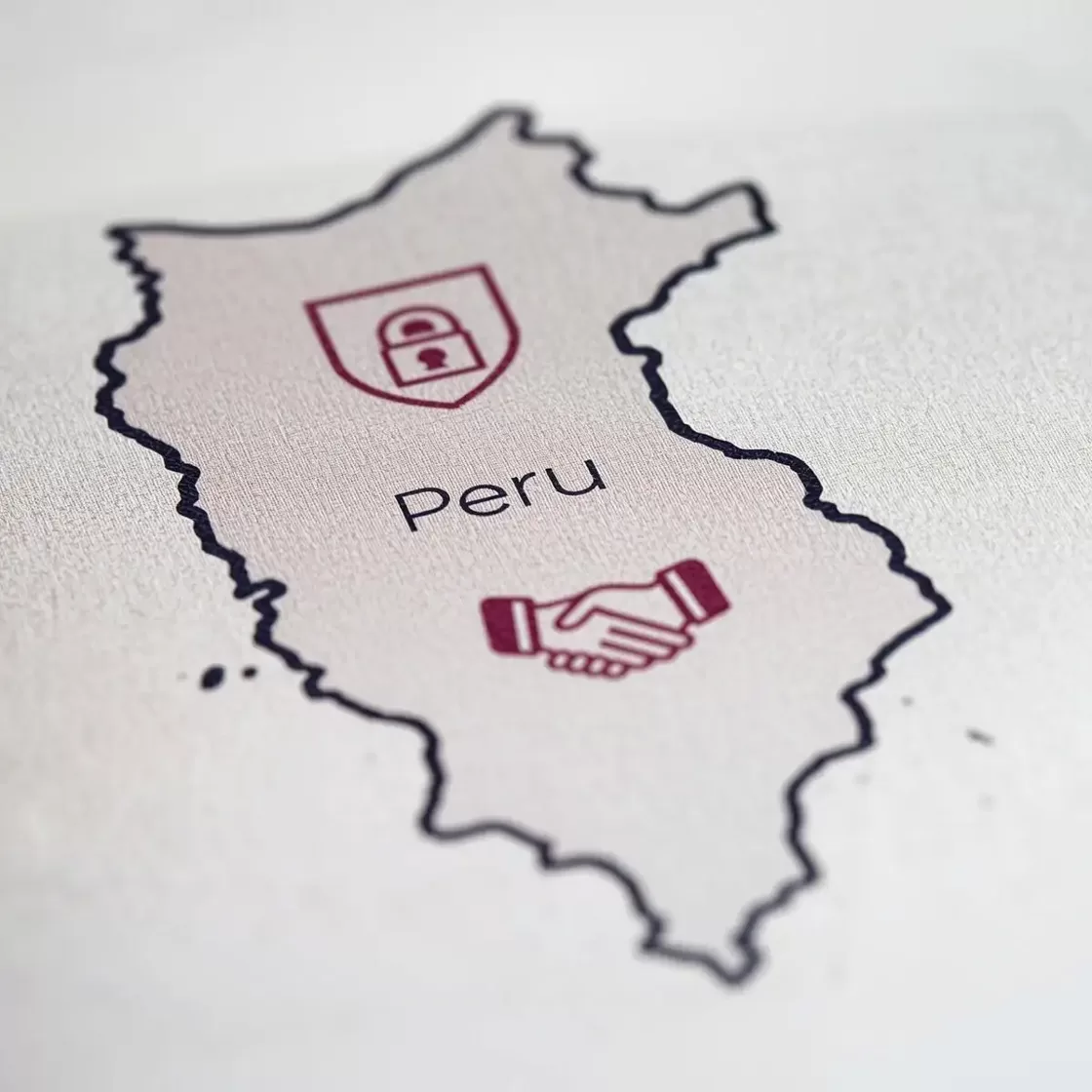 Контур Перу рукопожатие и щит - нейтральная инфографика про этику и уважение к культуре Амазонии