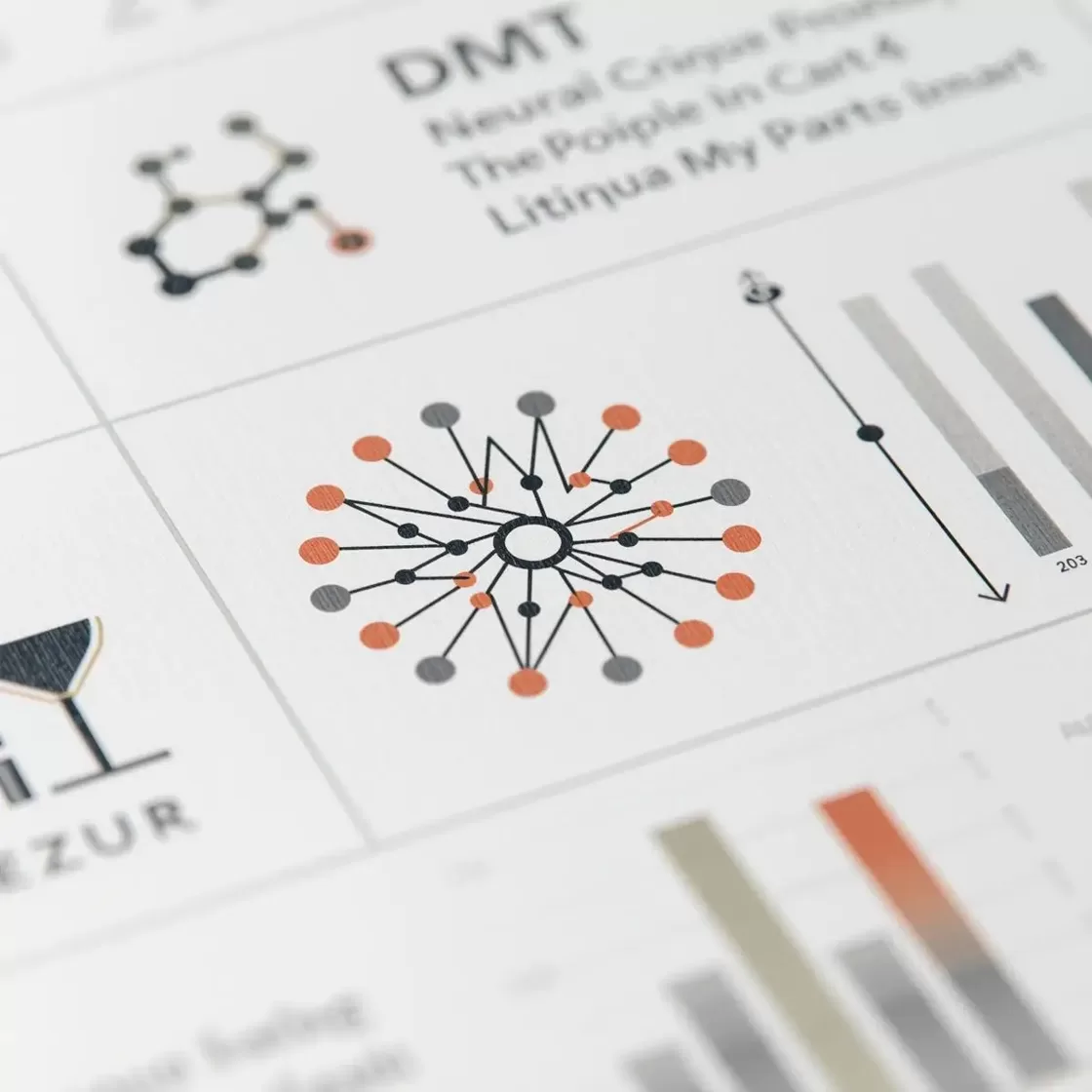Молекулярная пиктограмма нейронная сеть и диаграмма тренда на фоне контура Перу — нейтральная инфографика к научному обзору по теме аяуаска