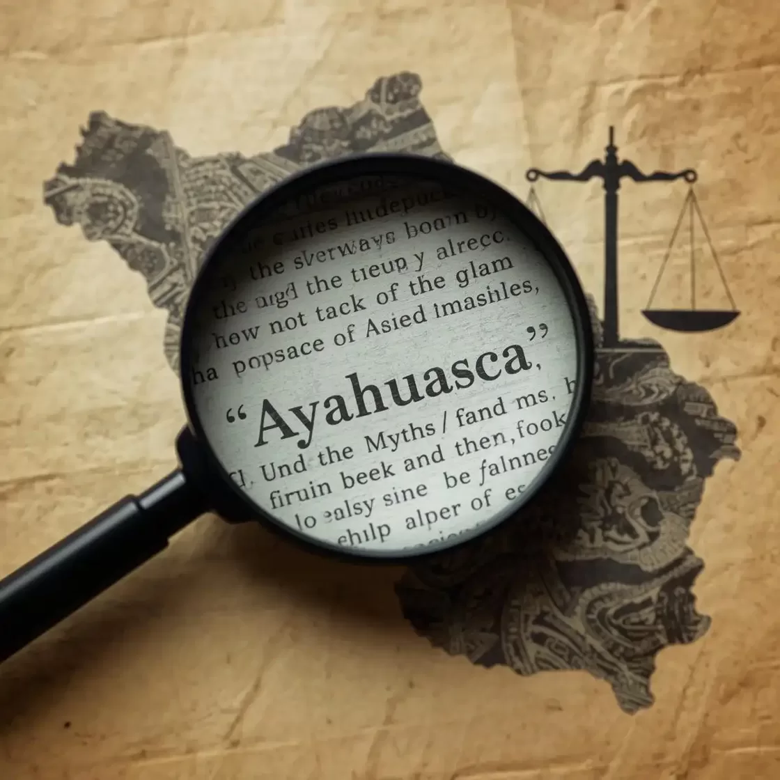 Лупа газета и знак равновесия на фоне контура Перу — нейтральная инфографика к теме мифы и факты об аяуаске