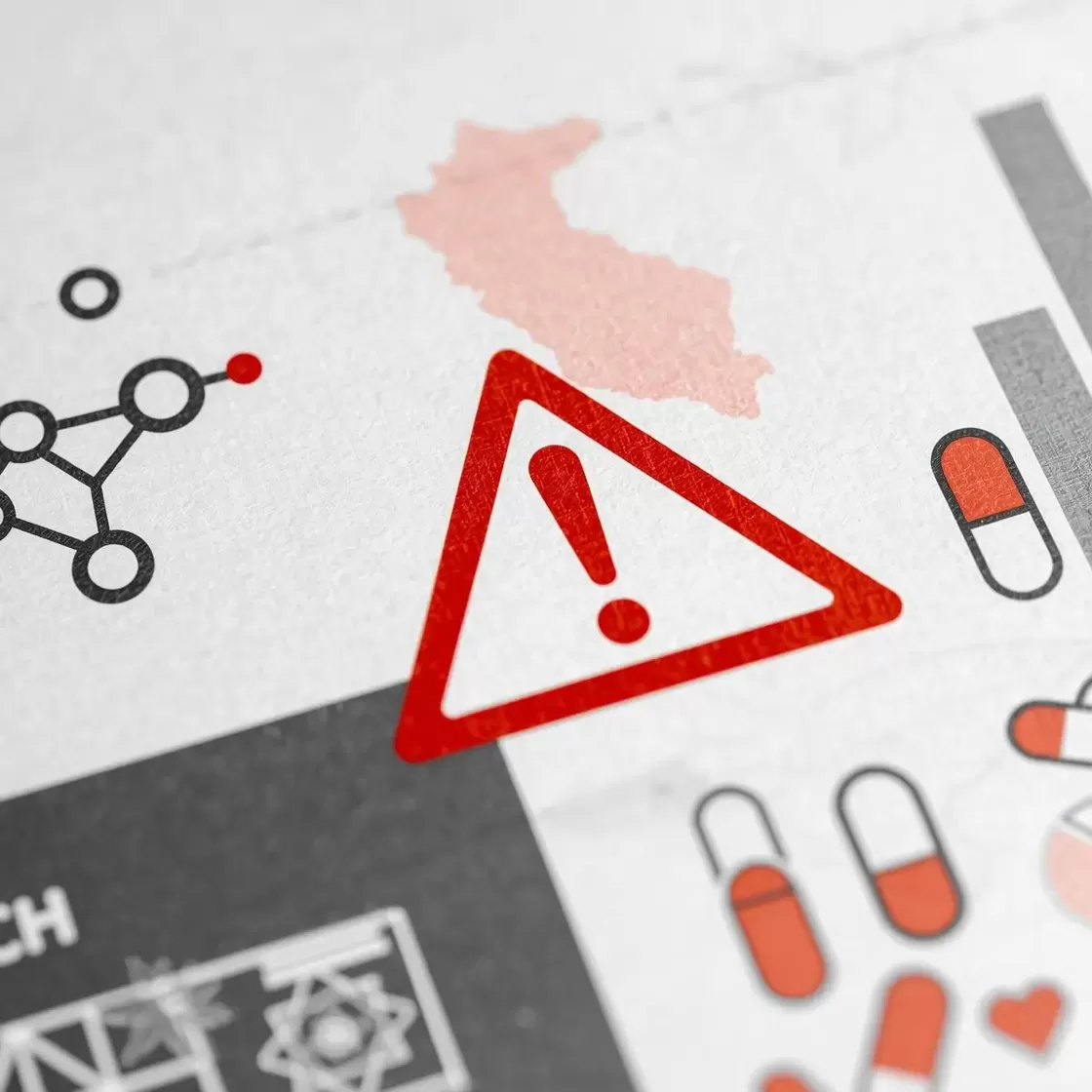 Схема таблетки знак предупреждения и стилизованная молекула на фоне контура Перу — нейтральная инфографика к теме взаимодействий ИМАО с лекарствами и БАДами