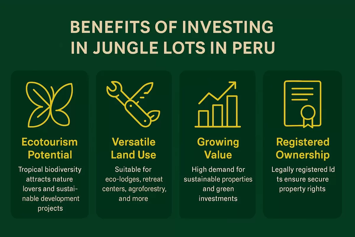 Infographic showing key benefits of investing in jungle land in Peru This visual highlights the main advantages of Peruvian jungle land investments, including eco-tourism potential, biodiversity, legal security, and tax incentives.