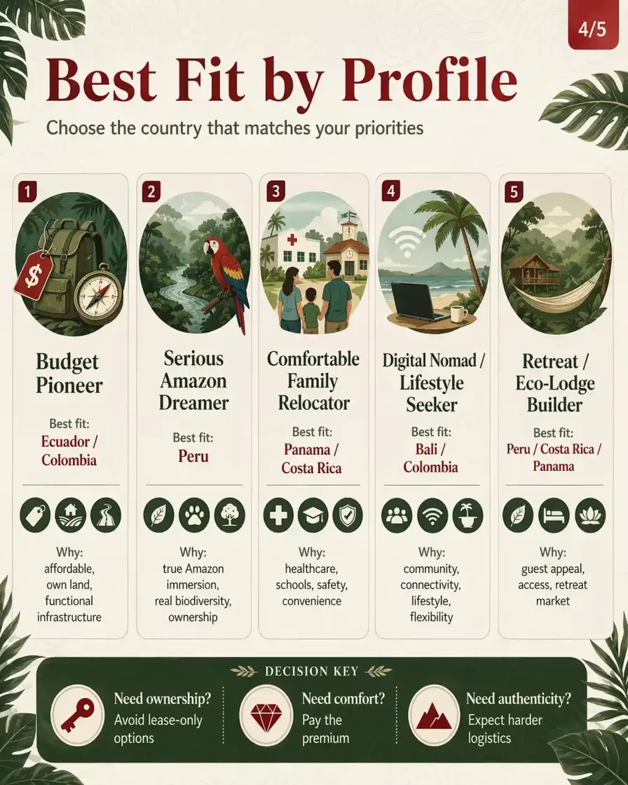Profile-based jungle-living infographic matching different expat types to the most suitable countries, including Budget Pioneer, Serious Amazon Dreamer, Comfortable Family Relocator, Digital Nomad, and Retreat or Eco-Lodge Builder, with short reasons and decision cues.