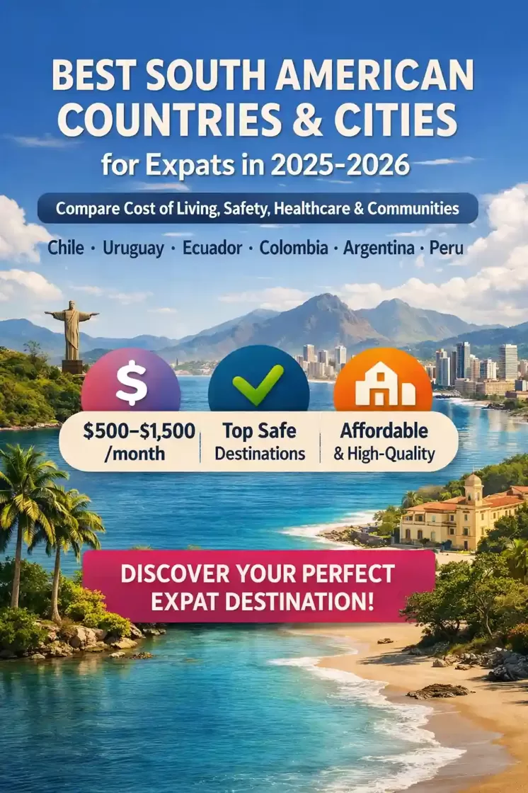 Travel infographic showing the best South American countries and cities for expats in 2025–2026, with the title at the top, a list of Chile, Uruguay, Ecuador, Colombia, Argentina, and Peru, icons for cost of living, safety, and affordability, and a bright coastal-and-mountain cityscape with tropical vegetation, beach, skyline, and Christ the Redeemer in the background.