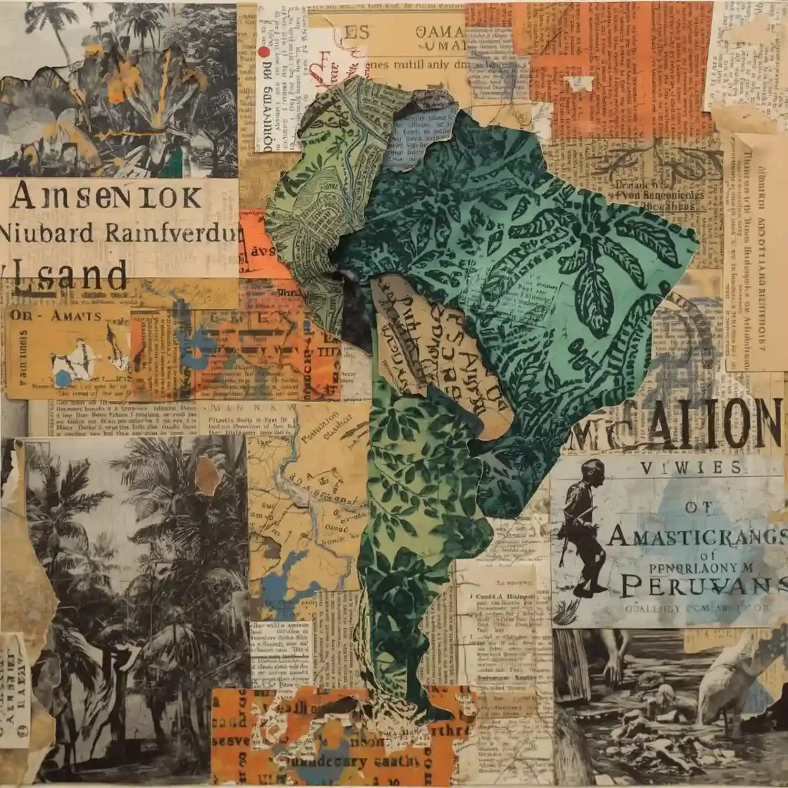 Künstlerische Collage mit einer Karte von Südamerika, grün hervorgehobenem Amazonasgebiet und alten Zeitungsfragmenten — Symbol für den Wert peruanischer Regenwaldflächen und nachhaltige Entwicklung