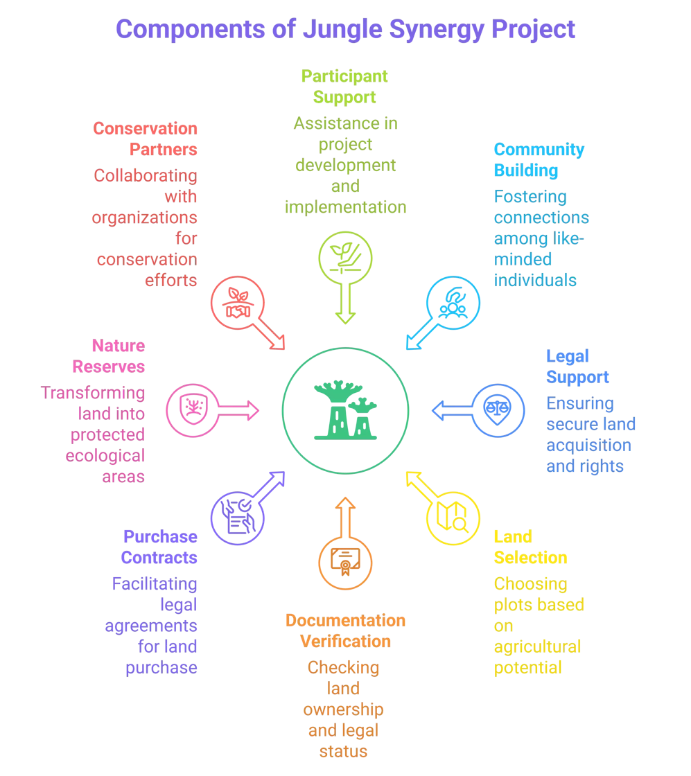 Diagram of core components of the Jungle Synergy Project for Amazon land conservation This infographic outlines the main elements of the Jungle Synergy Project, including land selection, legal support, community building, and transformation of land into nature reserves — promoting a sustainable and regenerative land ownership model in the Amazon rainforest.