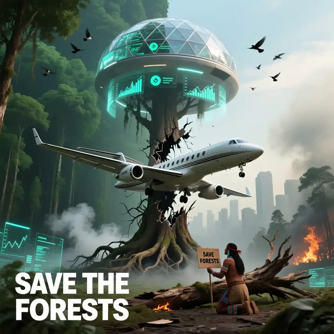 Conceptual illustration of COP30 climate paradox showing private jet flying past futuristic monitoring station built on damaged tree trunk with Amazon rainforest, indigenous person holding save forests sign, and deforestation fire in background symbolizing environmental contradiction
